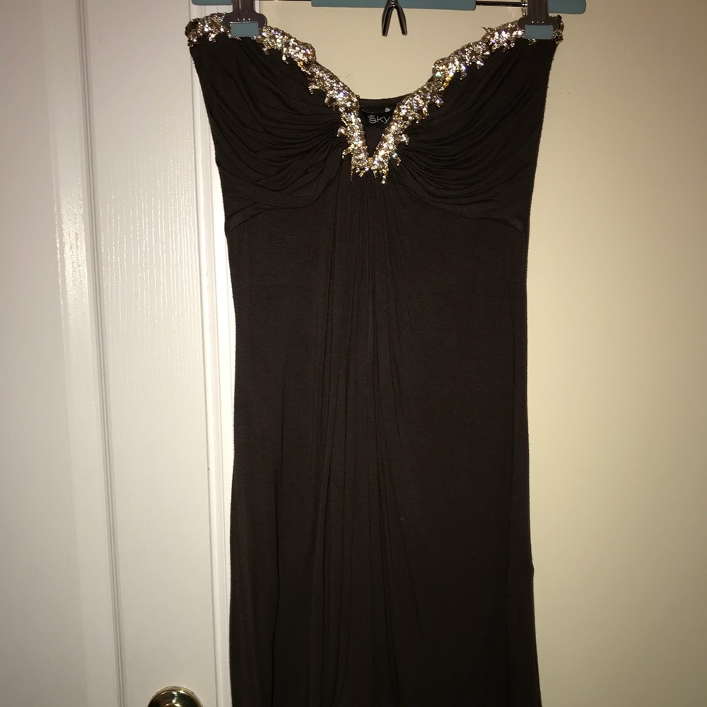 SKY Brown tube dress with rhinestone tigers.